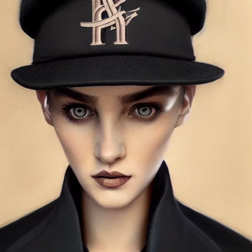 Image similar to tom bagshaw portrait, beautiful portrait of a woman with angel eyes in a suit, hair under a baseball cap, professionally retouched, focus eyes, ultra realistic soft painting, insanely detailed linework, symmetrical accurate intricate features, behance, 8 k