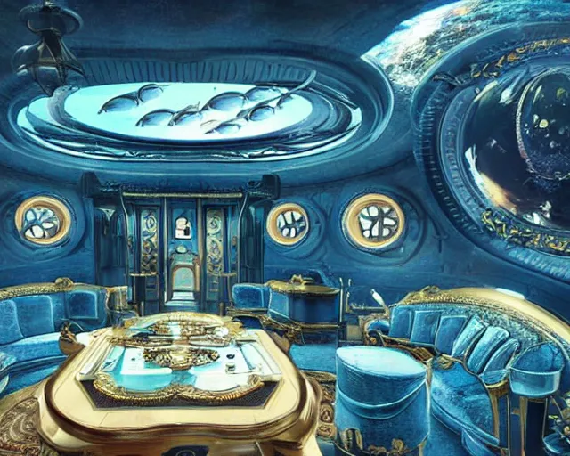 Image similar to dream captain nemo's luxury victorian living room on the nautilus with views out porthole windows of ocean life, photo realistic, 8 k