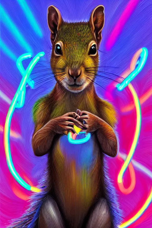 Image similar to a award winning half body portrait of a squirrel with stunning eyes in a croptop and cargo pants with rainbow colored hair, outlined by whirling illuminated neon lines and fine lines swirling in circles by jesper ejsing and rhads and makoto and shinkai and lois van baarle, digital art, trending on artstation