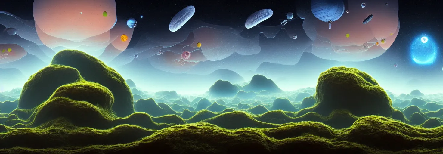 Prompt: a view of a surreal alien variated planetary fractal landscape with gigantic and small exotic fungus of varying sizes scattered across the vast landscapes, surreal clouds, floating islands, 4 k, retro, detailed, vibrant, weird skies, extradimensional, stars, trending on artstation