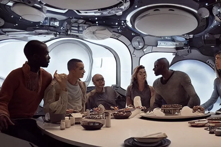 Image similar to movie diverse interracial small team of European sci-fi futuristic space explorers talking at the table in a spaceship kitchen, beautiful skin, Symmetrical faces. Beautiful lighting by Emmanuel Lubezki