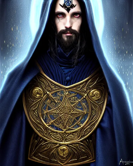 Image similar to male wizard at the end of time, long black hair blue eyes wearing cloth mantle gothic navy cloak with gold details, wizard town, fantasy character portrait, ultra realistic, intricate, elegant, cinematic lighting, highly detailed, digital painting, artstation, smooth, sharp, focus, illustration, art by artgerm and greg rutkowski and alphonse mucha