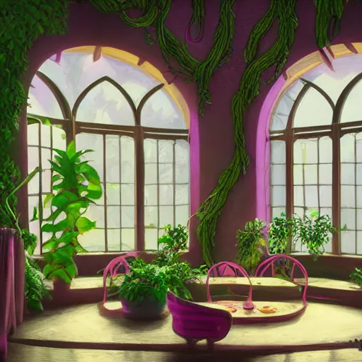 Image similar to concept art painting of a interior of a cozy alien fantasy cottage, circular windows, with black vines and magenta houseplants, realistic, detailed, cel shaded, dark, in the style of makoto shinkai and greg rutkowski and james gurney