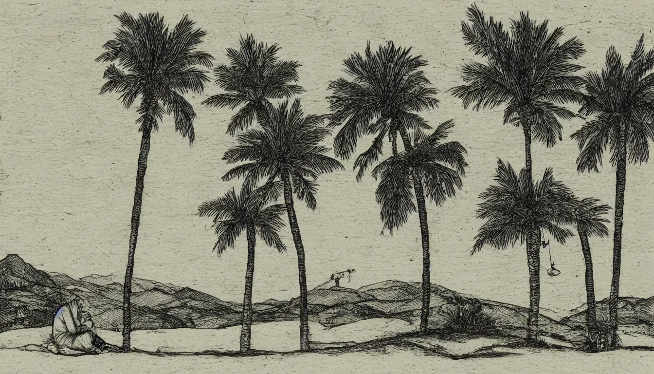 Image similar to a person sits on a large hill while wind blows the palm trees, pen and ink, 1 5 0 0 s, 8 k resolution