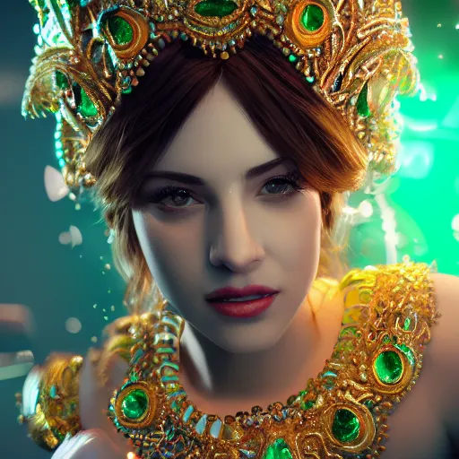 Image similar to portrait of wonderful princess of emeralds with fair skin, ornate, 8 k, gorgeous, intricate, detailed, accent lighting, ethereal lighting, hyper realism, octane render