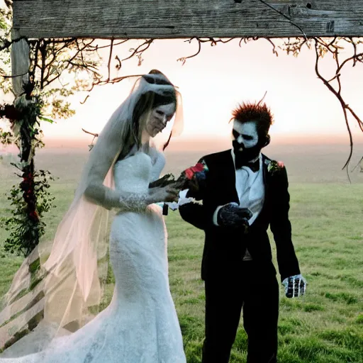 Image similar to a skeleton and a zombie getting married in a house at dawn