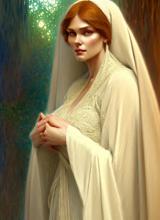 Image similar to character concept portrait of me as modest wife blessed by god to grow ever more intelligent beautiful voluminous muscular tall and virtuous. modestly clothed, intricate, elegant, highly detailed, digital painting, artstation, concept art, symmetry, smooth, sharp focus, illustration, art by gaston bussiere and alphone mucha