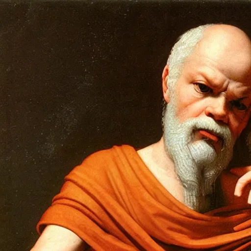 Prompt: socrates wearing a virtual reality headset looking up towards the stars, renaissance painting