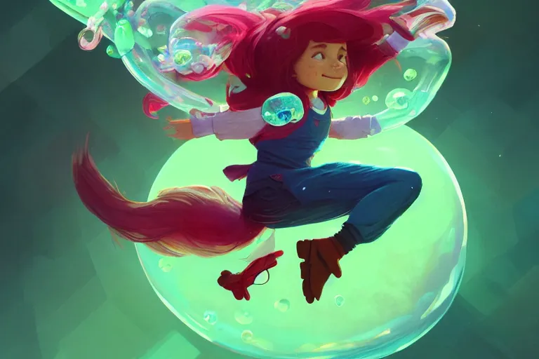 Prompt: madeline from celeste jumping to a green jelly bubble, blue bubble jacket red long hair, highly detailed, digital painting, artstation, concept art, sharp focus, illustration, art by greg rutkowski and alphonse mucha