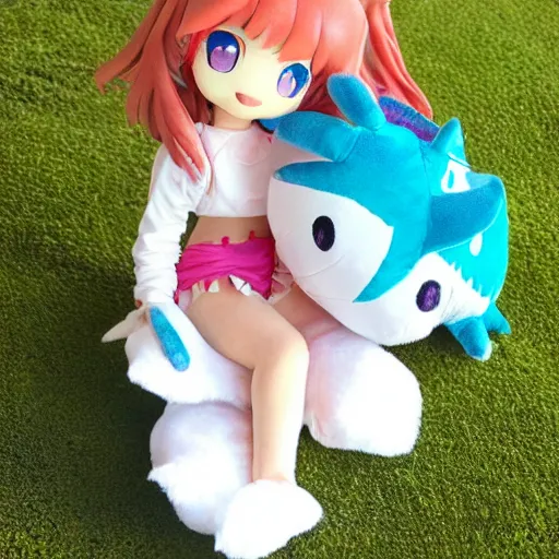 Image similar to cute fumo plush of a marine fishgirl who loves to swim and play with dolphins