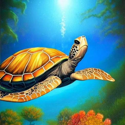 Image similar to a beautful visionary painting of a turtle swimming underwater, by gilbert williams, artstation