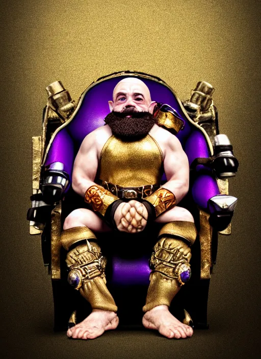 Image similar to dwarf fighter sitting in mechanical chair that has spider legs, gold and purple, exquisite details, black beard, white background, by studio muti