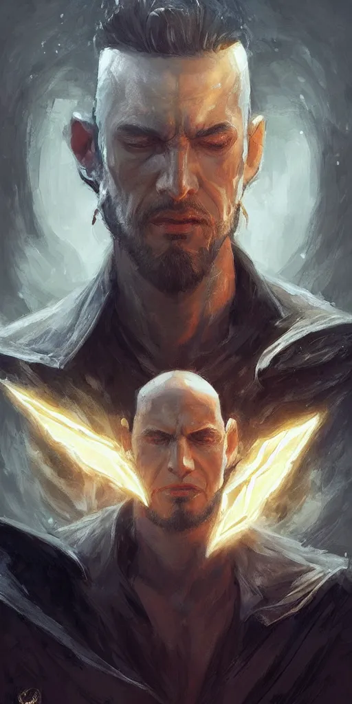 Image similar to portrait of a handsome young wizard olive skin, buzzed short dark hair, beautiful bone structure, symmetrical facial features, casting an evil spell, a floating glowing spellbook, , intricate, elegant, digital painting, concept art, smooth, sharp focus, illustration, from Metal Gear, by Ruan Jia and Mandy Jurgens and Artgerm and William-Adolphe Bouguereau