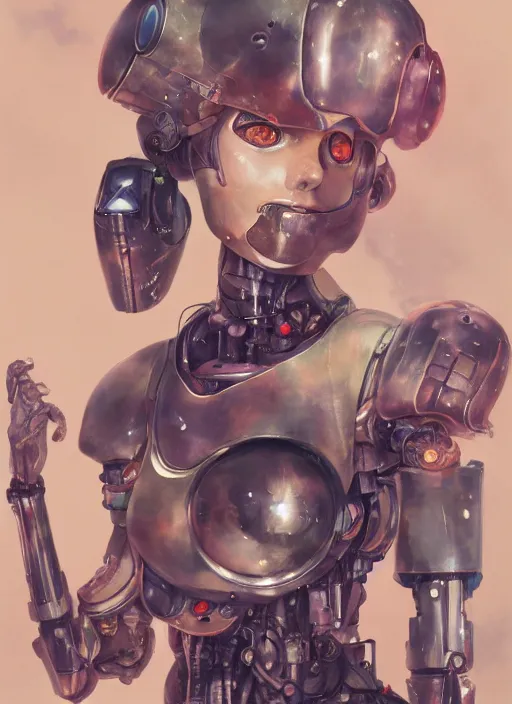 Prompt: surreal gouache painting, by yoshitaka amano, by ruan jia, by conrad roset, by good smile company, detailed anime 3d render of a female mechanical android soldier, portrait, cgsociety, artstation, modular mechanical costume and headpiece, dieselpunk atmosphere
