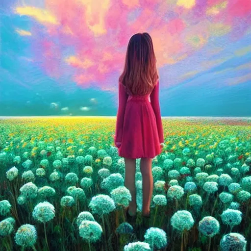 Image similar to head made of carnations flower, girl standing in a vast flower field, surreal photography, sunrise dramatic light, impressionist painting, colorful clouds, large sky, digital painting, artstation, simon stalenhag, flower face