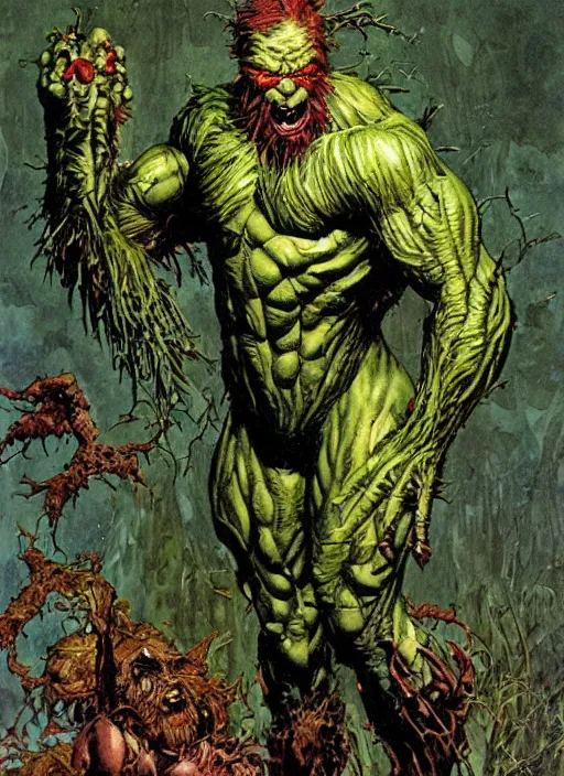 Image similar to full body and head portrait of marvel's swamp thing, dynamic action, painted by norman rockwell and phil hale and greg staples and tom lovell and frank schoonover and jack kirby