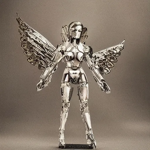 Prompt: a scenic view of an android angel statue made with mechanical scrap and humanoid parts, detailed, super realistic, texturized