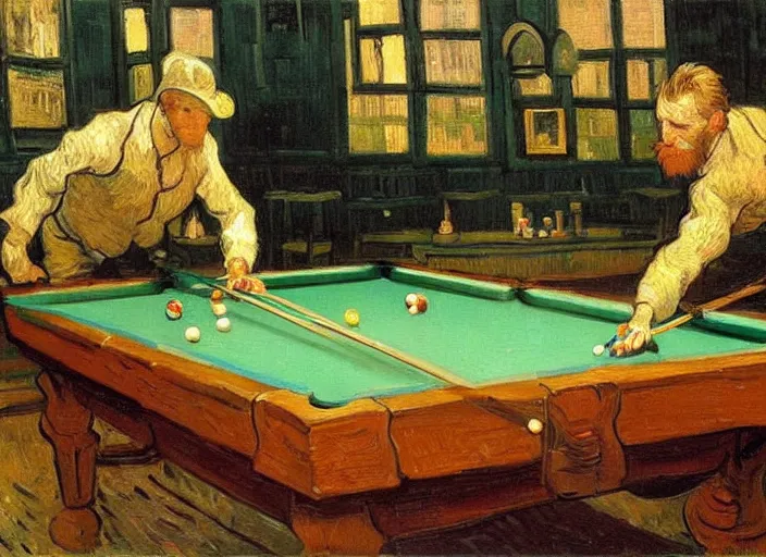 Image similar to a highly detailed beautiful portrait of van gogh playing pool, by gregory manchess, james gurney, james jean