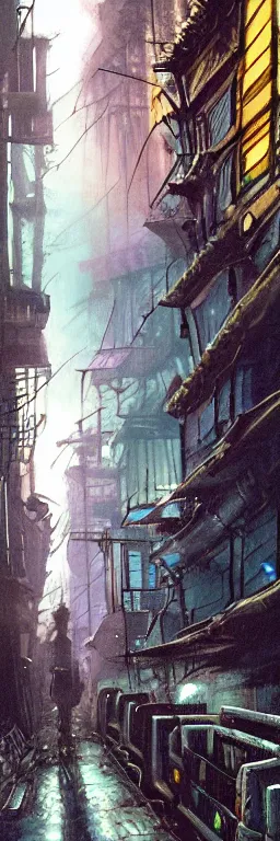 Prompt: a spectacular painting of an aetherpunk alleyway where an evil miasma is rising up from among the piles of refuse on a dark night : 2. 5, by paul cadden and chris foss : 2, nib pen and gouache : 2, photorealistic urban : 2, trending on artstation : 1