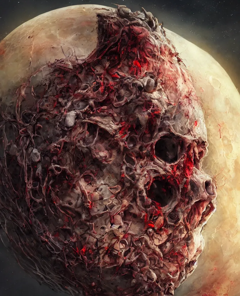 Prompt: moon sphere made from thousands of rotten demonic bloody corpses of Nicolas Cage, body horror, flesh, blood, grotesque hell, highly detailed, vivid colors, dark shadows, contrast, concept art, sharp focus, digital art, Hyper-realistic, 4K, Unreal Engine, Highly Detailed, Dramatic Lighting, Beautiful, by Brom, bastien lecouffe-deharme