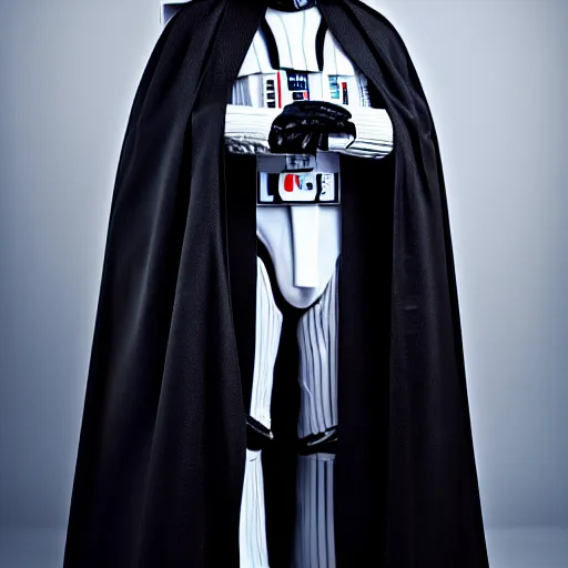 Image similar to photo of a white darth vader, realistic, professionally, professionally color graded, full body shot, leather body suit, sharp focus, 8 k high definition, insanely detailed, intricate, elegant
