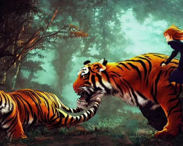 Image similar to a girl fighting a tiger, full shot, ambient lighting, detailed, art by ayami kojima, makoto shinkai, kilian eng