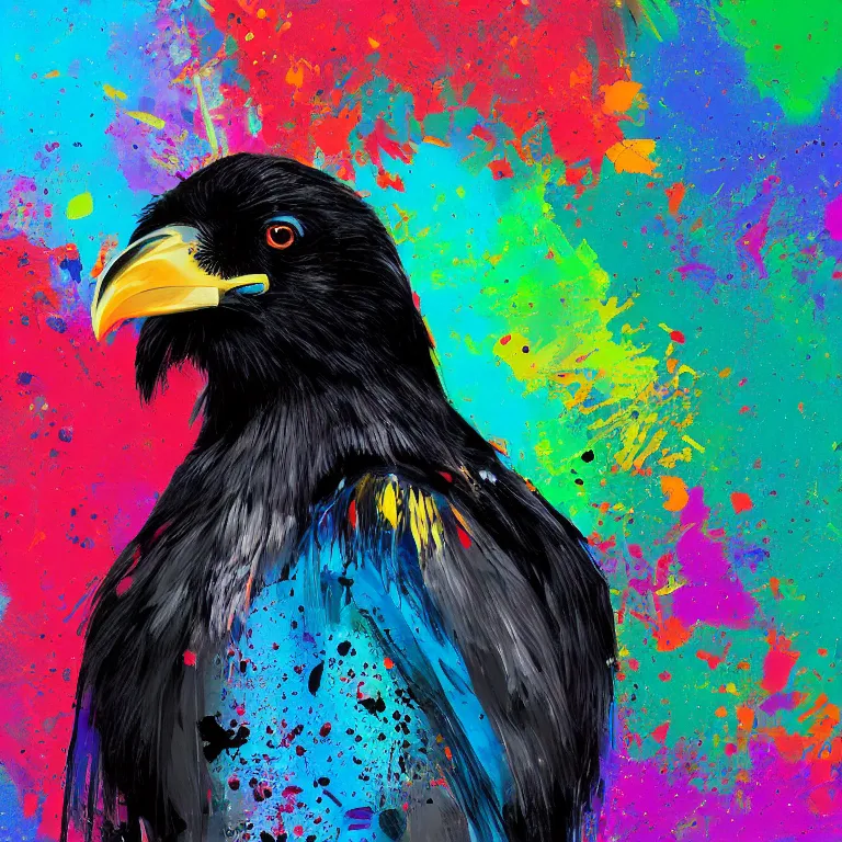 Prompt: colorful illustration of black raven bird in headphones, colorful splatters, by andy wrahol and zac retz and kezie demessance