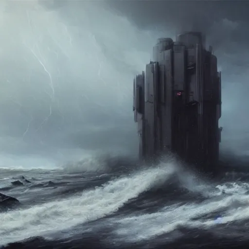 Image similar to star wars concept art by greg rutkowski, a brutalist giant tower in the middle of a raging and stormy ocean, lightning storm and gale force winds, dark environment, dramatic atmosphere, artstation hq.