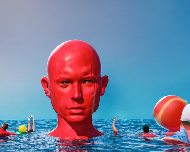 Prompt: a giant sculpture made out of of inflatable pool toys in a human head shape, on the surface of the ocean, in the style of chad knight, long shot, hyper detailed, hyper realistic, ray tracing, 8 k resolution, sharp focus, realistic water, award winning sculpture