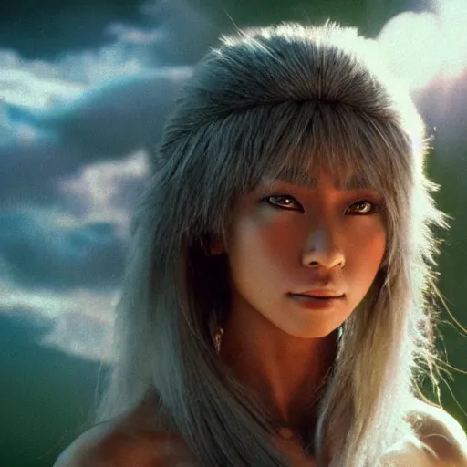 Image similar to a beautiful photographic medium - shot still of saga of saint seiya, beautiful natural light failling on her face, by annie leibowitz