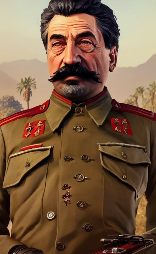 Image similar to highly detailed portrait of stalin in gta v, stephen bliss, unreal engine, fantasy art by greg rutkowski, loish, rhads, ferdinand knab, makoto shinkai and lois van baarle, ilya kuvshinov, rossdraws, tom bagshaw, global illumination, radiant light, detailed and intricate environment