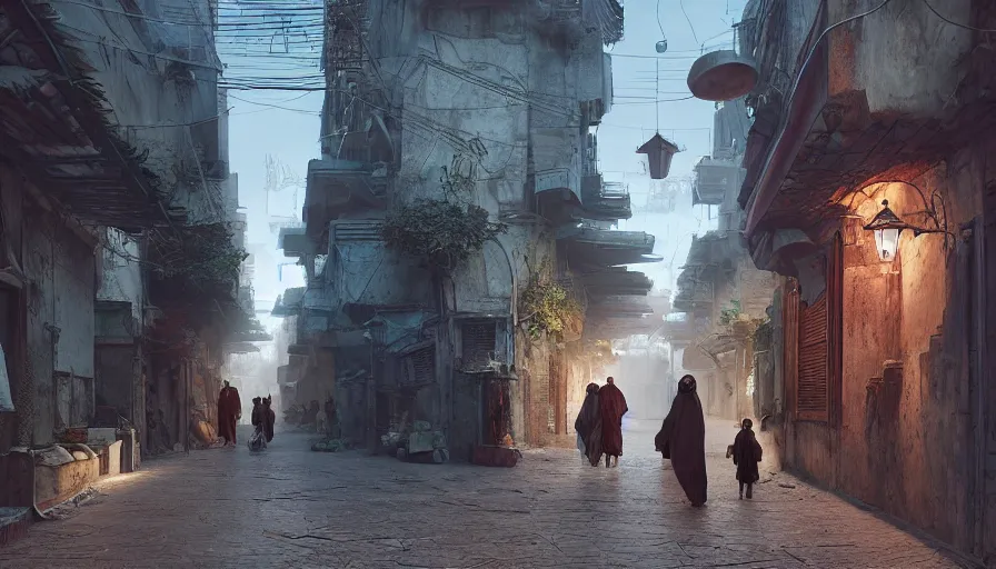 Prompt: old jeddah city alley, roshan, shops, a big magical glowing time portal, a nomad wearing a worn out coat, plants, kids, dramatic lighting sci fi, by caspar david friedrich by beeple and james gilleard and justin gerard, centered, artstation, smooth, sharp focus, photoreal octane render, 3 d, by jean baptiste monge