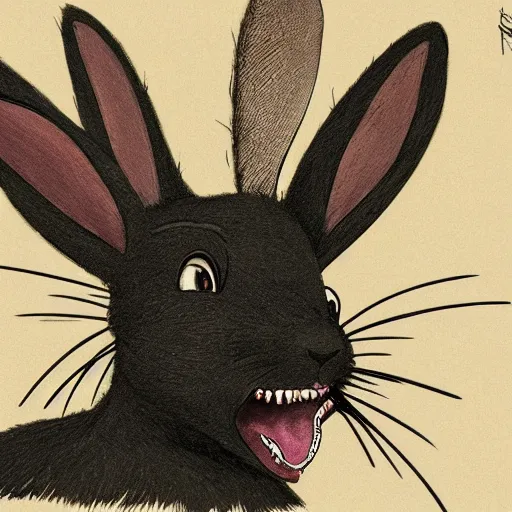 Image similar to A extremely highly detailed majestic hi-res beautiful, highly detailed head and shoulders portrait of a scary terrifying, horrifying, creepy black cartoon rabbit with scary big eyes, earing a shirt laughing, hey buddy, let's be friends, in the style of Walt Disney