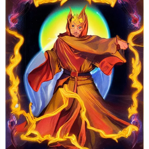 Image similar to Supreme archmage holding a fireball with wisps of color in an action pose and flowing robe.