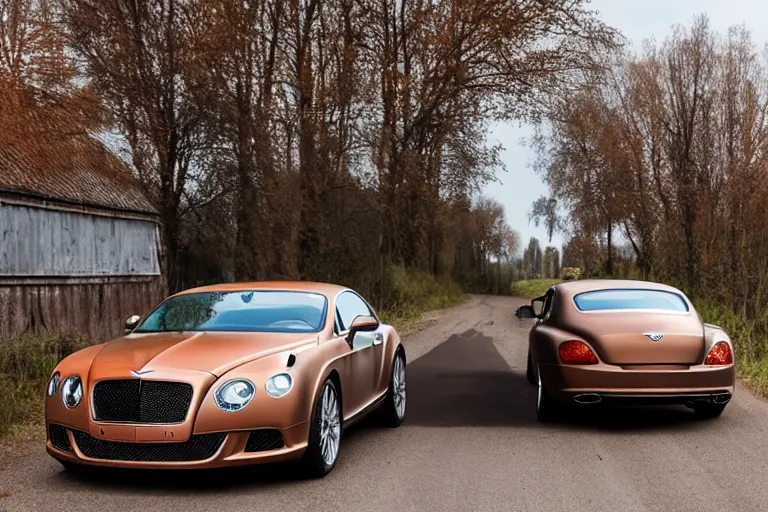 Image similar to modern rusty matte tired Bentley Continental GT without gloss no reflections drives along the road of an old Russian village with houses at the edges