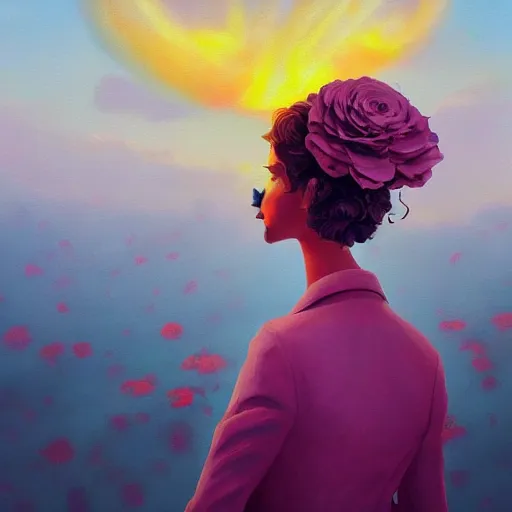 Image similar to closeup, huge rose flower as a head, frontal, a girl in a suit, surreal photography, sunrise, dramatic light, impressionist painting, digital painting, artstation, simon stalenhag