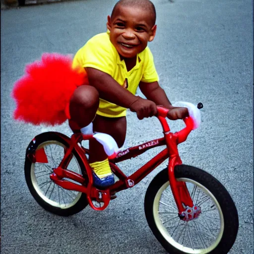 Image similar to mike tyson riding a tiny small clown bike