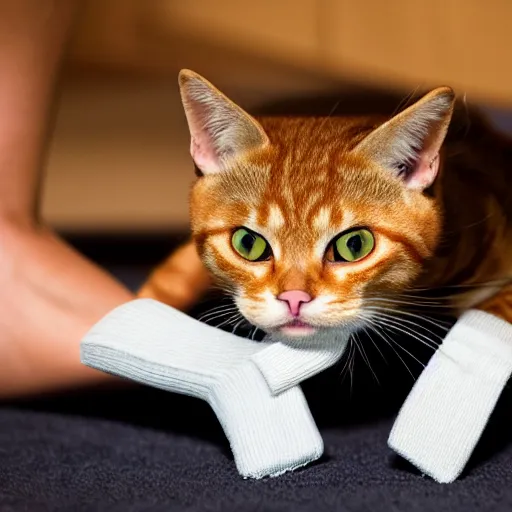 Prompt: orange tabby cat sneakily stealing a sock, tabby cat sock heist, thief