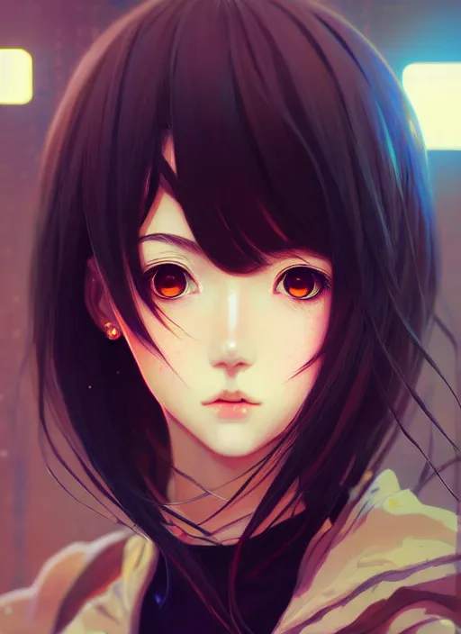 Image similar to portrait of beautiful young anime girl, cute-fine-face, pretty face, realistic shaded Perfect face, fine details. Anime, cyberpunk, Warhammer, highly detailed, artstation, illustration, art by Ilya Kuvshinov and Gustav Klimt