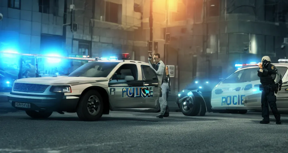 Prompt: octane render, unreal engine, man getting arrested by police, police car in background with bright police sirens, lens glare, dramatic lighting, cinematic, establishing shot, extremely high detail, photo - realistic, cinematic lighting