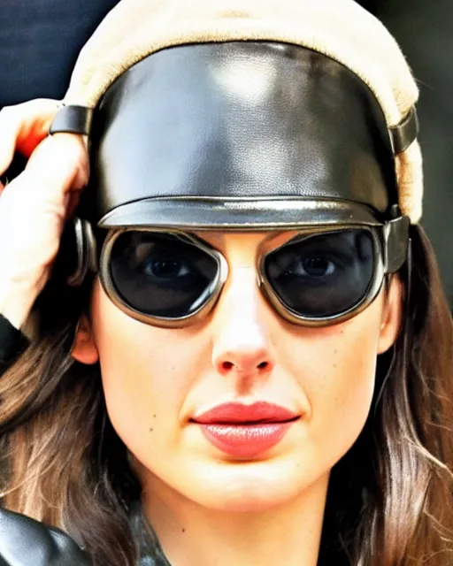 Image similar to headshot of gal gadot wearing a leather cap and aviator goggles, he is also wearing an yellow leather jacket, a long green silk scarf wrapped around her neck