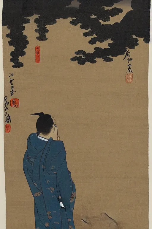 Image similar to a man gazing into the moon seeing far into the future, edo period, traditional japanese art style, reflection