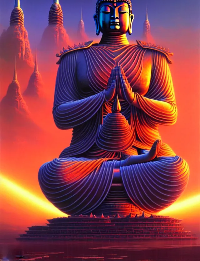 Prompt: a giant buddha gundam, tim hildebrandt, wayne barlowe, bruce pennington, donato giancola, trending on artstation, cinematic composition, beautiful lighting, hyper detailed, 8 k, oil on canvas