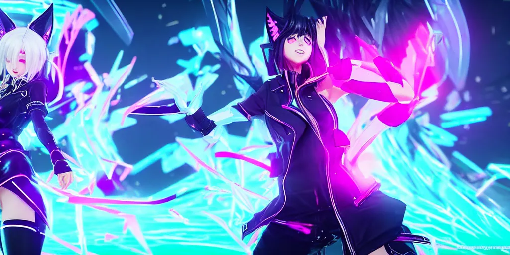 Image similar to KDA Ahri with her eyes closed singing facing the camera centered with headphones on in the style of a code vein character, momo from twice in code vein in the style of WLOP, artgerm, yasutomo oka, rendered in unreal engine and redshift octane , background is surrounded by epic neon glitch effect digital art dynamic dramatic lighting, soft lighting, imagine fx, artstation, cgsociety, by Bandai Namco artist,