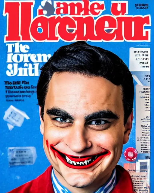 Prompt: portrait photograph of ben shapiro smiling and wearing joker makeup, magazine cover, soft focus, times magazine, 8 k, 3 5 mm, award - winning