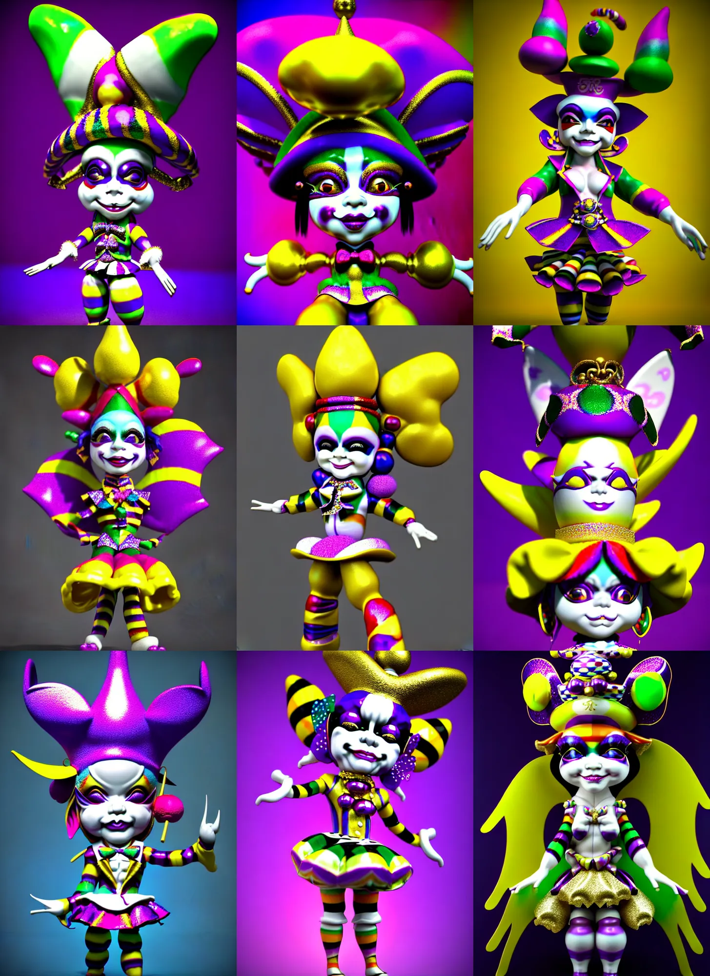 Prompt: 3d render of chibi 'porcelain Mardi Gras jester harlequin doll' by Ichiro Tanida wearing a 'jester cap and bells cockscomb cap' and wearing angel wings against a psychedelic swirly background with 3d butterflies and 3d flowers n the style of 1990's CG graphics 3d rendered y2K aesthetic by Ichiro Tanida, 3DO magazine