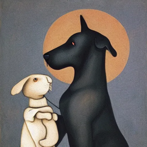 Image similar to A beautiful experimental art of a large black dog with teeth bared, looming over a small white rabbit. The rabbit looks terrified, and the dog seems ready to attack. hygge by Gustave Buchet precise