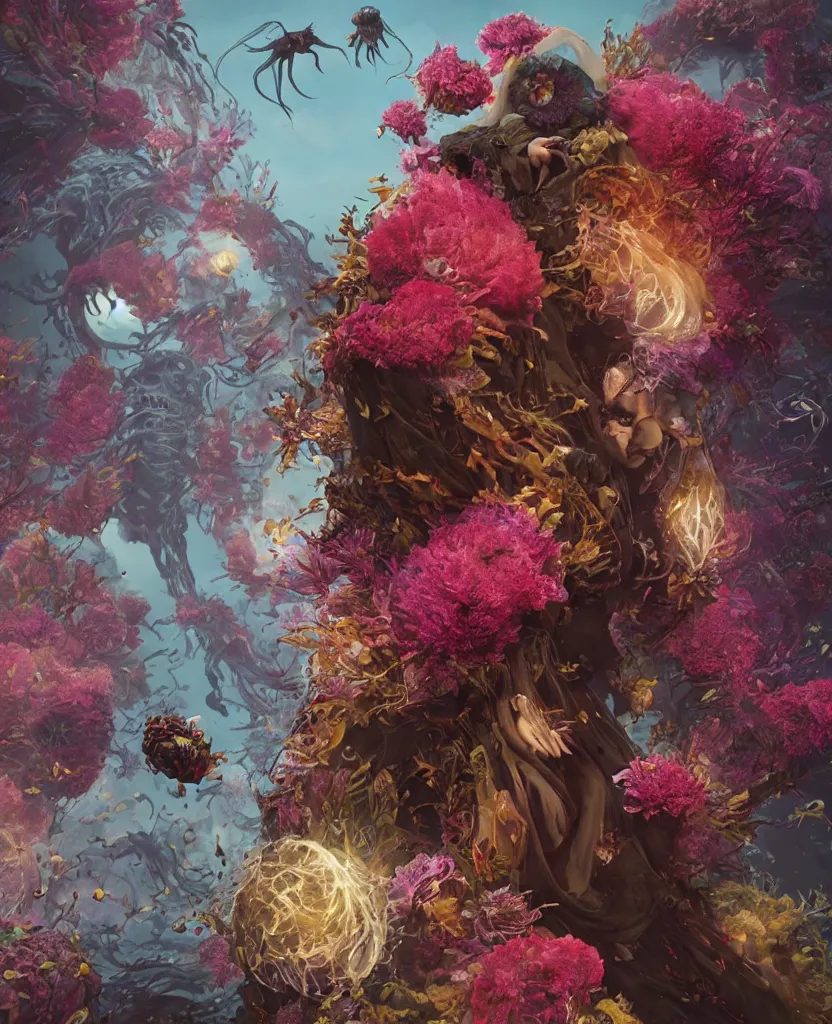 Prompt: vibrant and contrast photorealistic 3d fancy portrait of a queen of death giant floating flower and jellyfish by Greg Rutkowski, Sung Choi, Mitchell Mohrhauser, Maciej Kuciara, Johnson Ting, Maxim Verehin, Peter Konig, Bloodborne, beeple, 8k photorealistic, cinematic lighting, HD, high details, atmospheric, made in Maya, Blender and Photoshop, octane render, excellent composition, cinematic dystopian brutalist atmosphere, dynamic dramatic cinematic lighting, aesthetic, very inspirational, gloomy mood