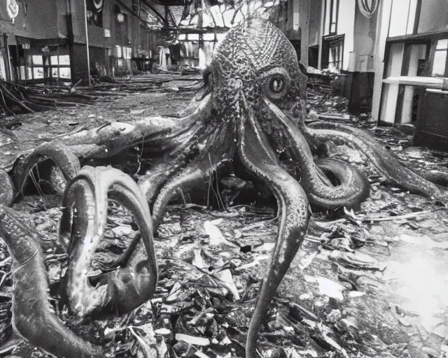 Image similar to camera footage of a extremely aggressive Giant mutated Octopus with glowing white eyes, Human Features, Teeth, in an abandoned shopping mall, Psychic Mind flayer, Terrifying, Silhouette :7 , high exposure, dark, monochrome, camera, grainy, CCTV, security camera footage, timestamp, zoomed in, Feral, fish-eye lens, Fast, Radiation Mutated, Nightmare Fuel, Wolf, Evil, Bite, Motion Blur, horrifying, lunging at camera :4 bloody dead body, blood on floors, windows and walls :5