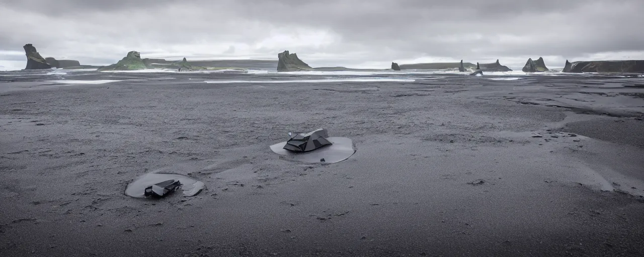 Image similar to low angle cinematic shot of giant futuristic military spacecraft in the middle of an endless black sand beach in iceland with icebergs in the distance,, 2 8 mm